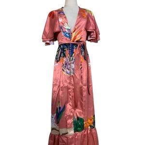 Women’s Maxi Button Up Dress Kimono Pink Satin Tropical Animal Print Japanese XS